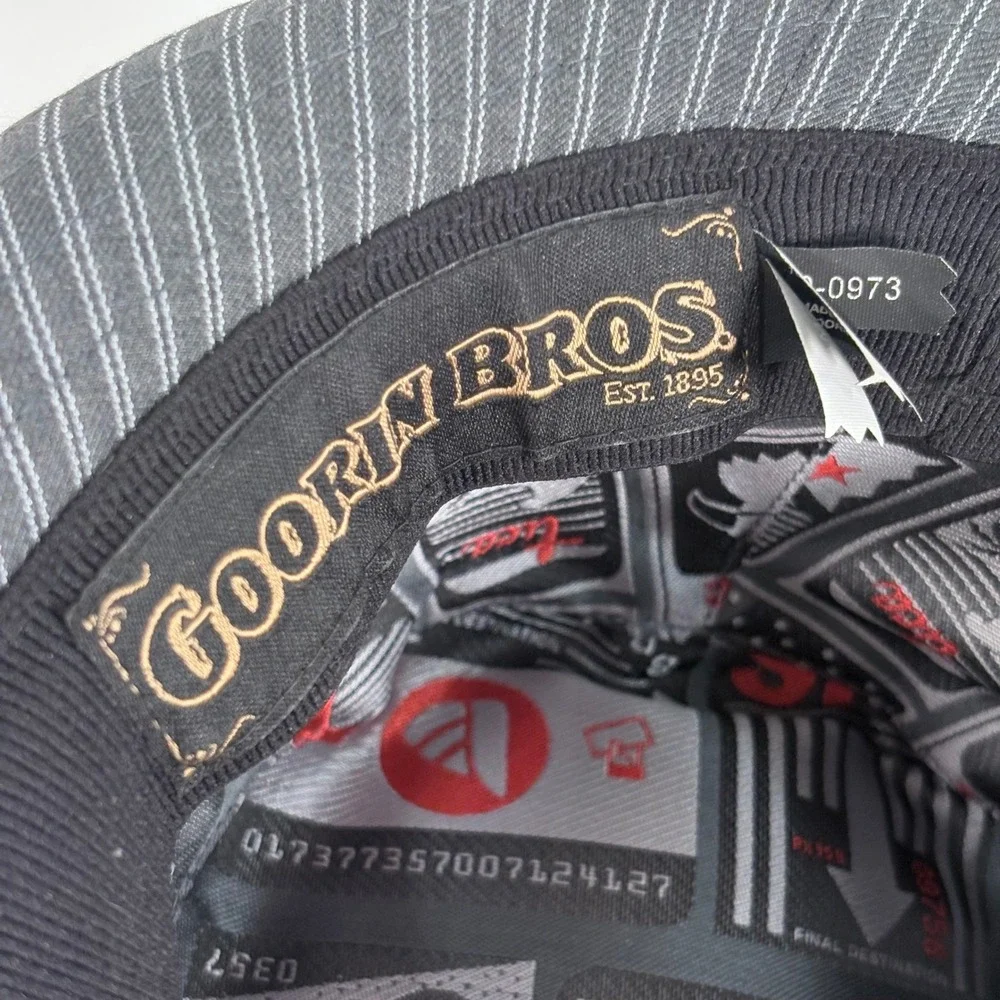 Goorin Bros Fedora Hat Gray Pinstripe Stingy Brim Castle Logo Pin Small